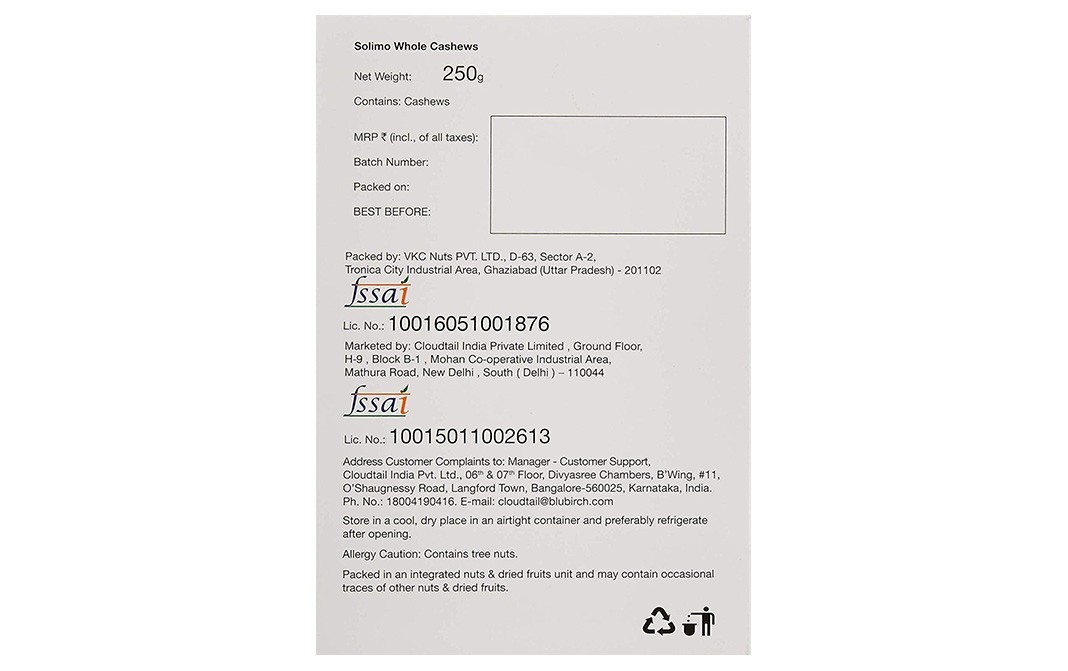 Solimo Whole Cashews    Box  250 grams